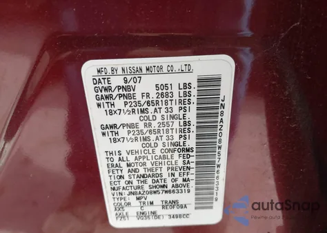 2007 Nissan Murano Sl z USA, uszkodzony, nr VIN JN8AZ08W57W663319